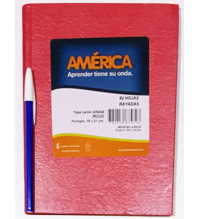 CUADERNO AMERICA TAPA DURA 82 HOJAS RAYADO ROJO